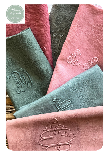 Ensemble de 6 serviettes damassées , lin et coton, monogrammées