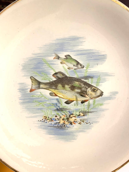 Assiettes plates à poisson en faïence, Keller et Guérin à Lunéville